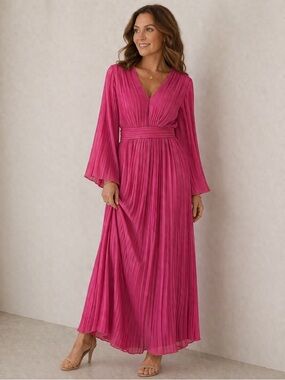 NWT‎ Zara Fuchsia Pleated V-Neck Midi Dress Barbie Hot Pink Large Romantic Glow